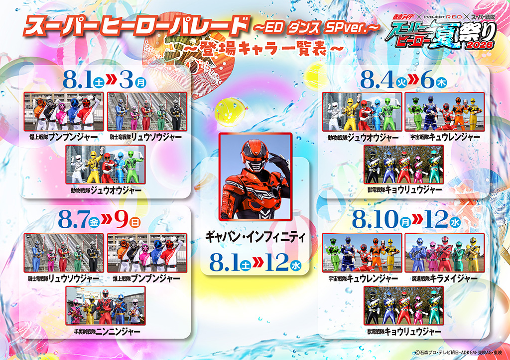 ～登場キャラクター一覧表～
■ ギャバン・インフィニティ
登場期間： 8.1(土) ≫ 12(水) 全日程登場

■ 8.1(土) ≫ 3(月)
爆上戦隊ブンブンジャー、騎士竜戦隊リュウソウジャー、動物戦隊ジュウオウジャー

■ 8.4(火) ≫ 6(木)
動物戦隊ジュウオウジャー、宇宙戦隊キュウレンジャー、獣電戦隊キョウリュウジャー

■ 8.7(金) ≫ 9(日)
騎士竜戦隊リュウソウジャー、爆上戦隊ブンブンジャー、手裏剣戦隊ニンニンジャー

■ 8.10(月) ≫ 12(水)
宇宙戦隊キュウレンジャー、魔進戦隊キラメイジャー、獣電戦隊キョウリュウジャー